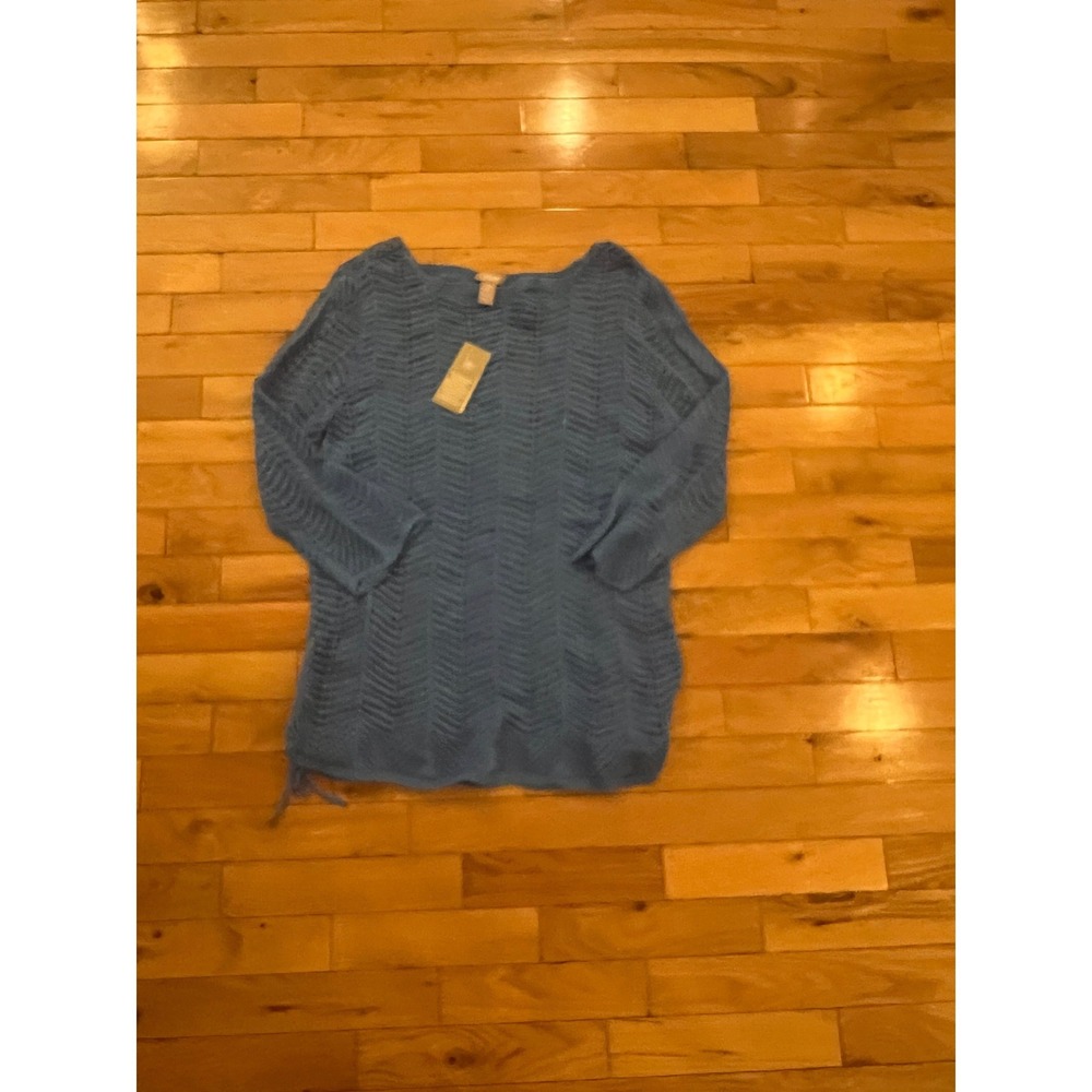 Chicos Blue Open Knit Side Tie Sweater Womens Size 1 Medium 3/4 Sleeve Pointelle